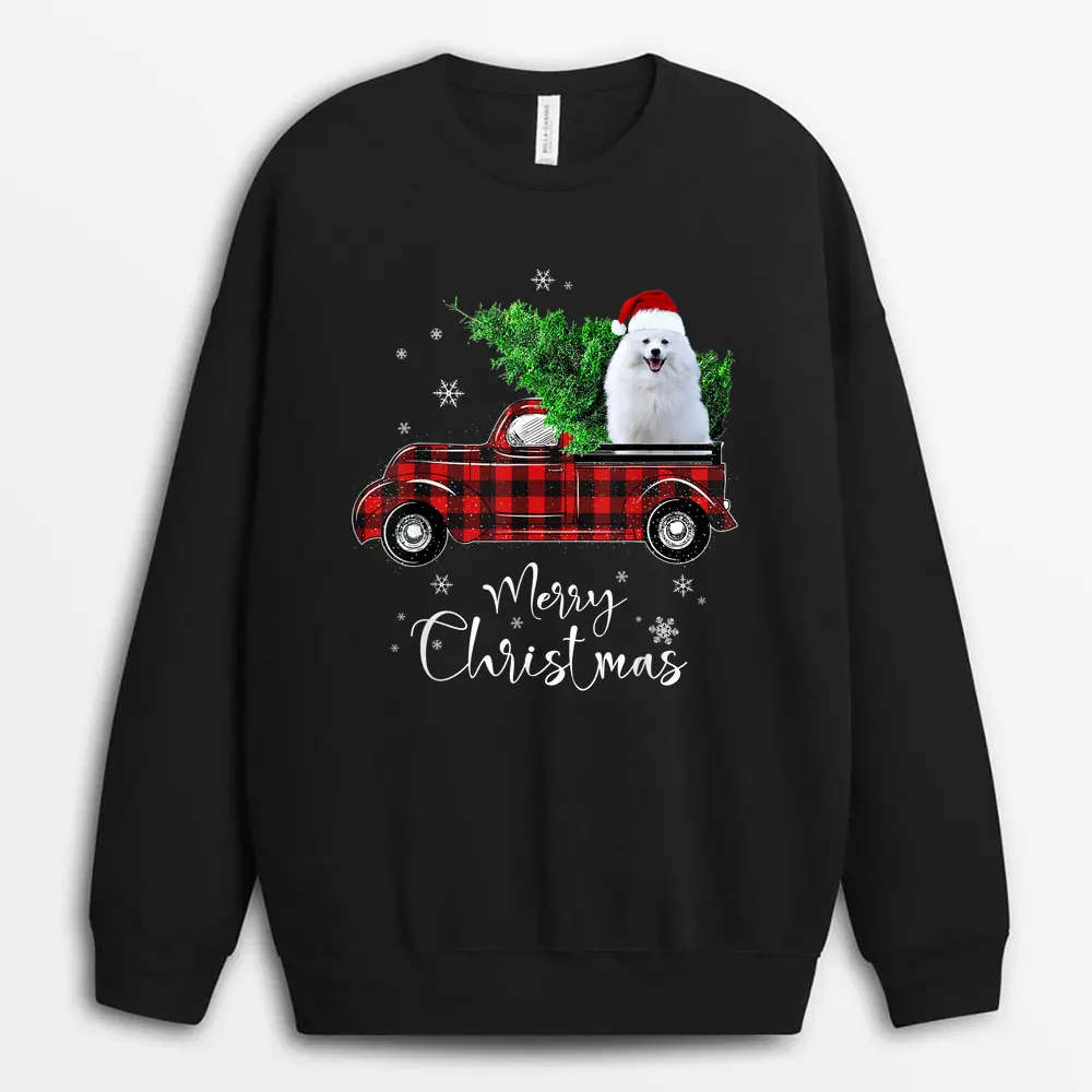 American Eskimo Red Truck Christmas Funny Dog Sweatshirt - Black