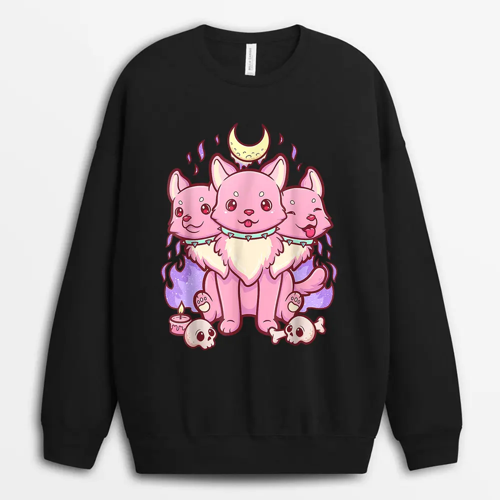 Anime Kawaii Pastel Goth Cute Creepy 3 Headed Dog Sweatshirt - Black