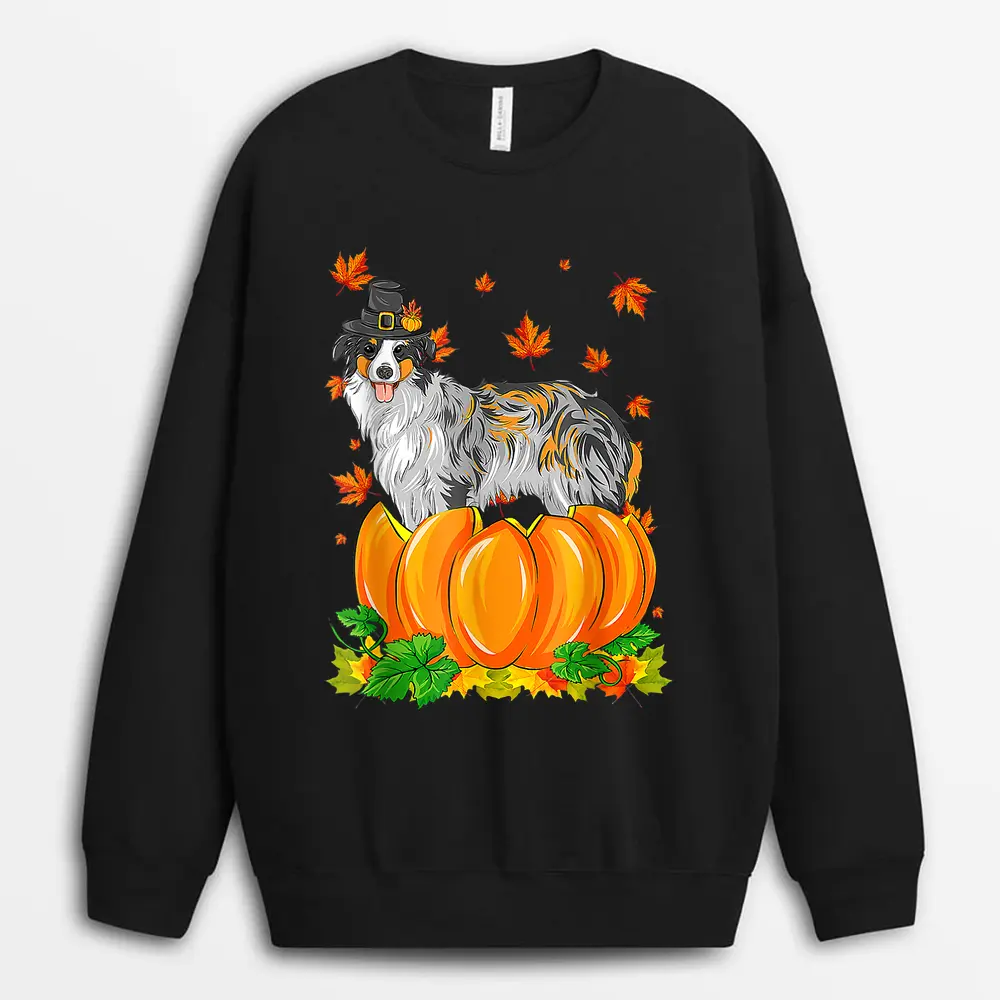 Australian Shepherd Dog Happy Thanksgiving Pumpkin Fall Sweatshirt - Black