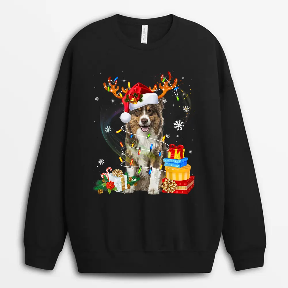 Australian Shepherd Dog Lights Santa Hat  Christmas Sweatshirt - Black