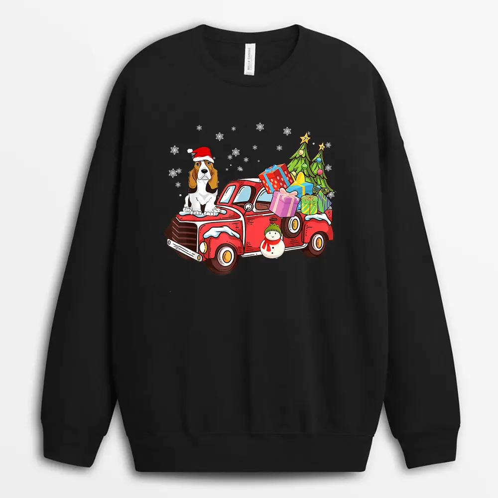 Basset Hound Riding Red Truck Merry Christmas Dog Lover Sweatshirt - Black