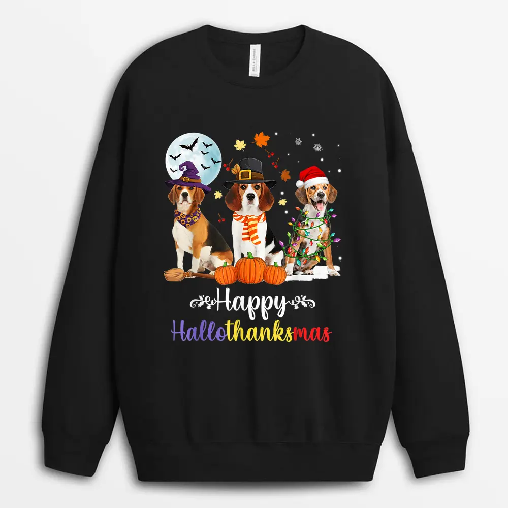 Beagle Dog Halloween Merry Christmas Happy Hallothanksmas Sweatshirt - Black