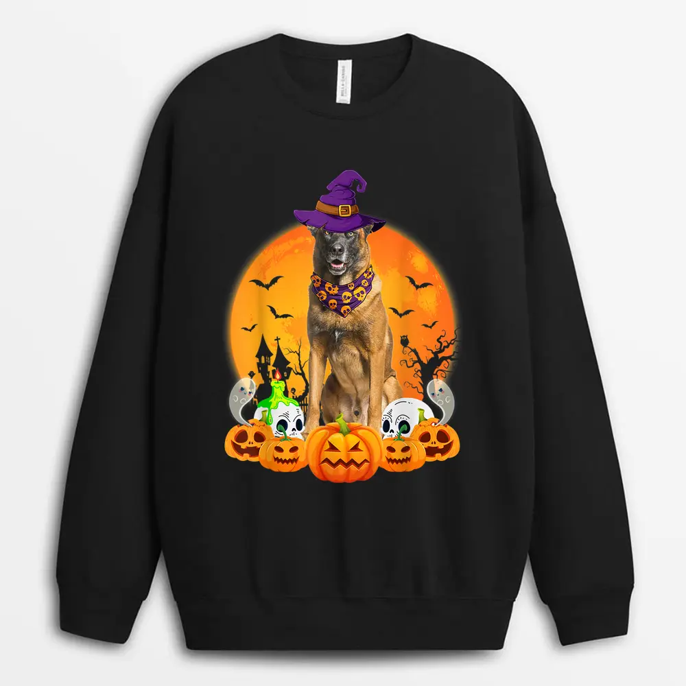 Belgian Malinois Witch Pumpkin Halloween Dog Lover Funny Sweatshirt - Black