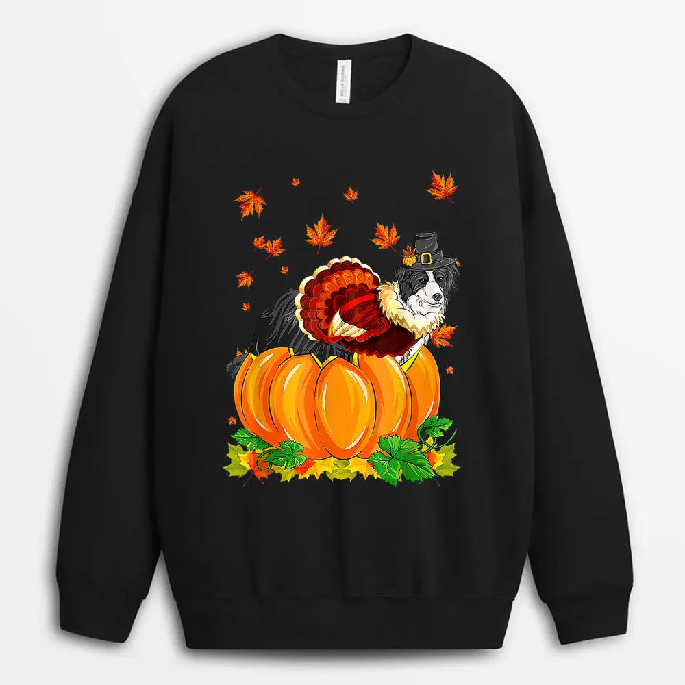 Border Collie Dog Thanksgiving Turkey Fall Autumn Pumpkin Sweatshirt - Black