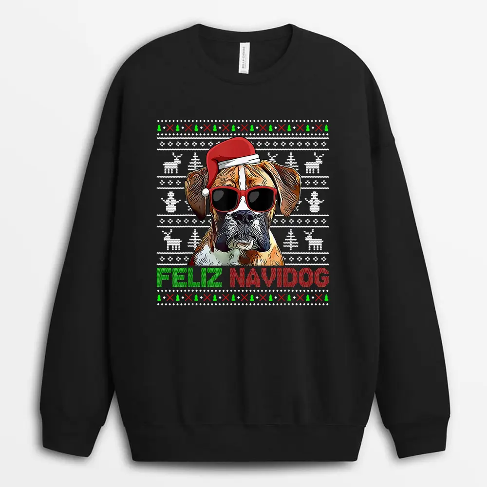 Boxer Dog Feliz Navidog Funny Christmas Sweatshirt - Black