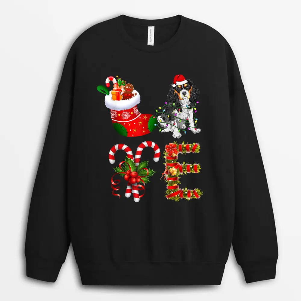 Cavalier King Charles Spanie Dog Christmas Light Sweatshirt - Black