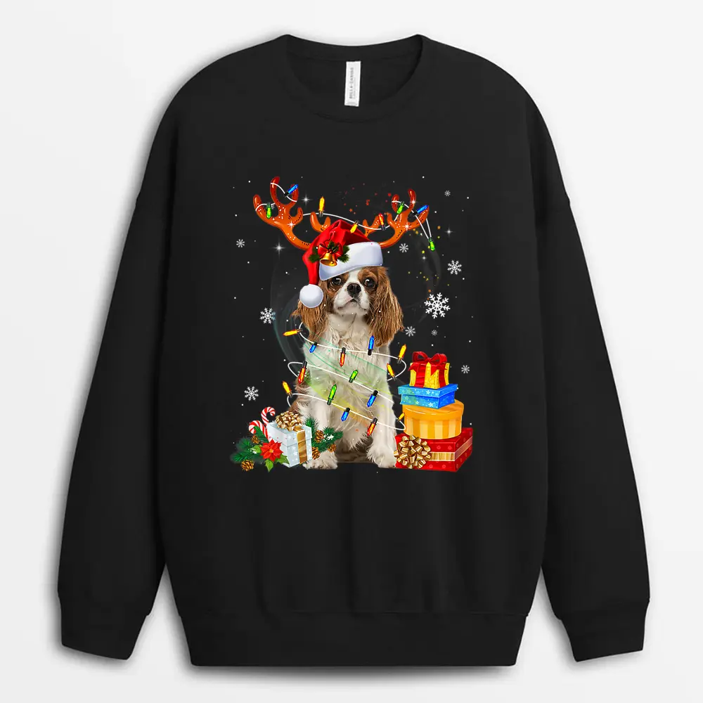 Cavalier King Charles Spaniel Christmas Reindeer Santa Dog Sweatshirt - Black