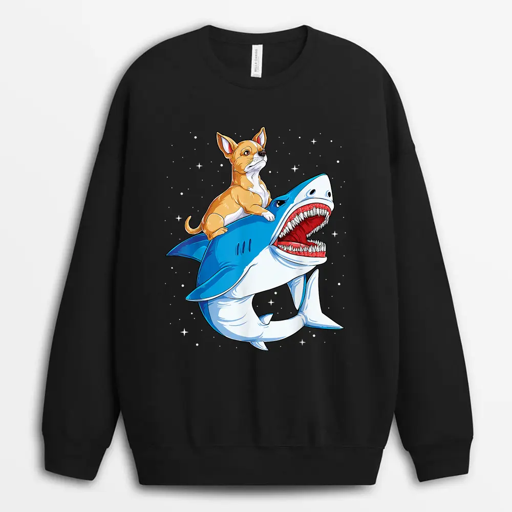 Chihuahua Riding Shark Jawsome Dog Lover Gifts Space Galaxy Sweatshirt - Black