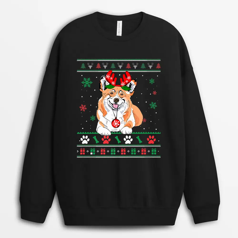 Christmas Corgi Reindeer Ornaments Dog Lovers Pajama Sweatshirt - Black