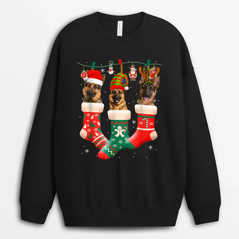 Christmas German Shepherd Sock Xmas Reindeer Santa ELF Dog Sweatshirt - Black