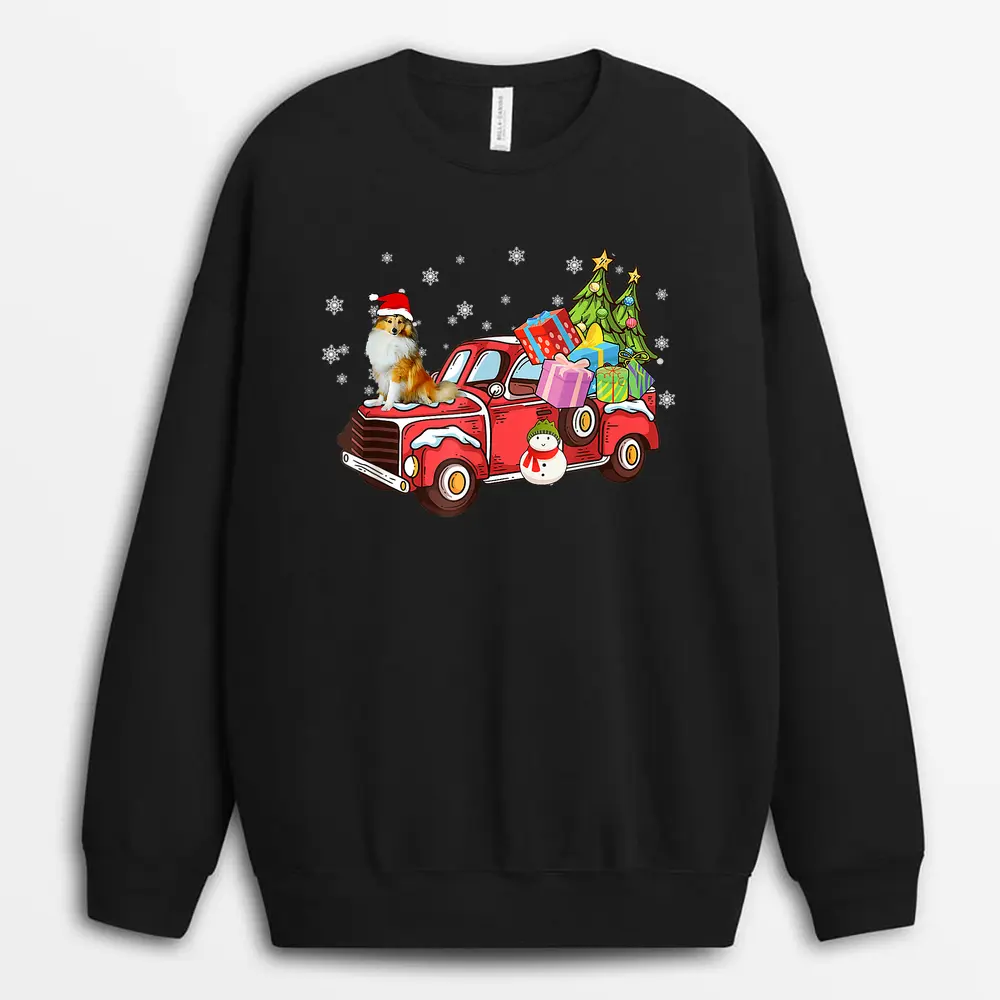 Collie Riding Red Truck Merry Christmas Dog Lover Gifts Sweatshirt - Black