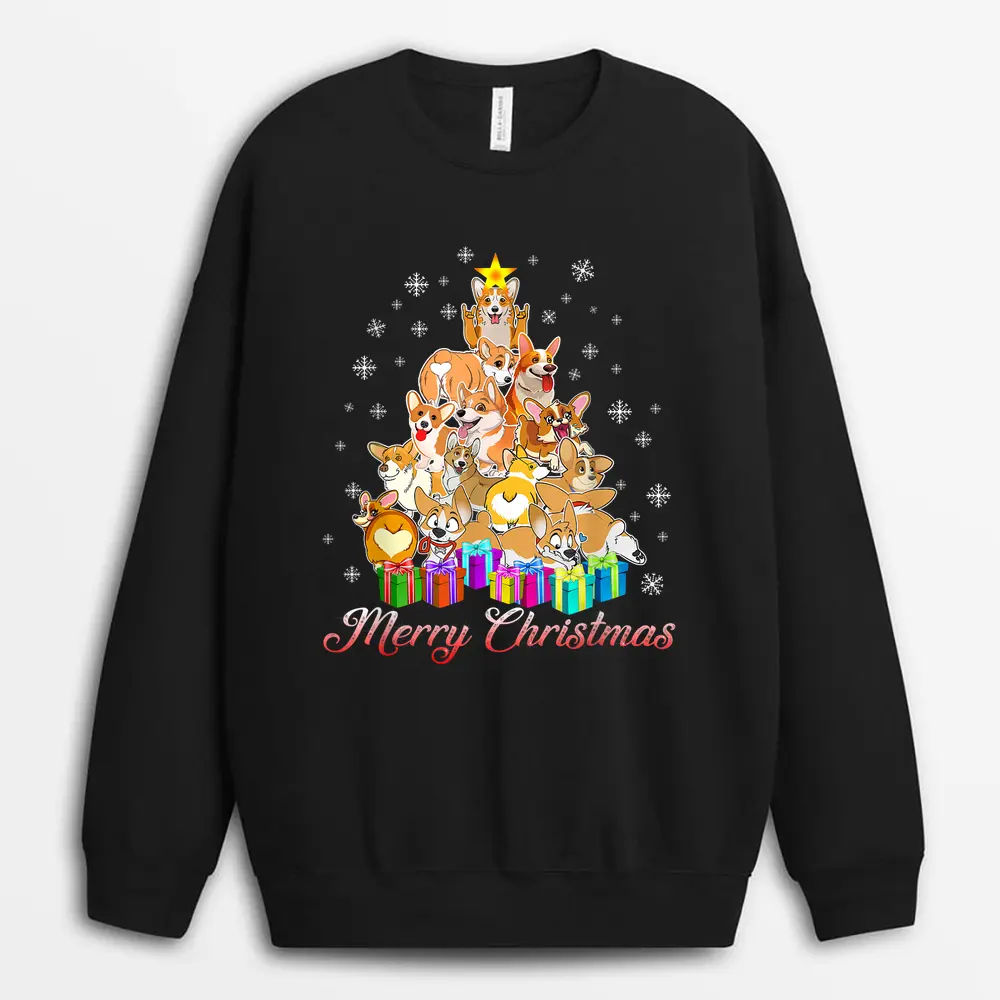 Corgi Dog Lover Matching Santa Corgi Christmas Tree Sweatshirt - Black