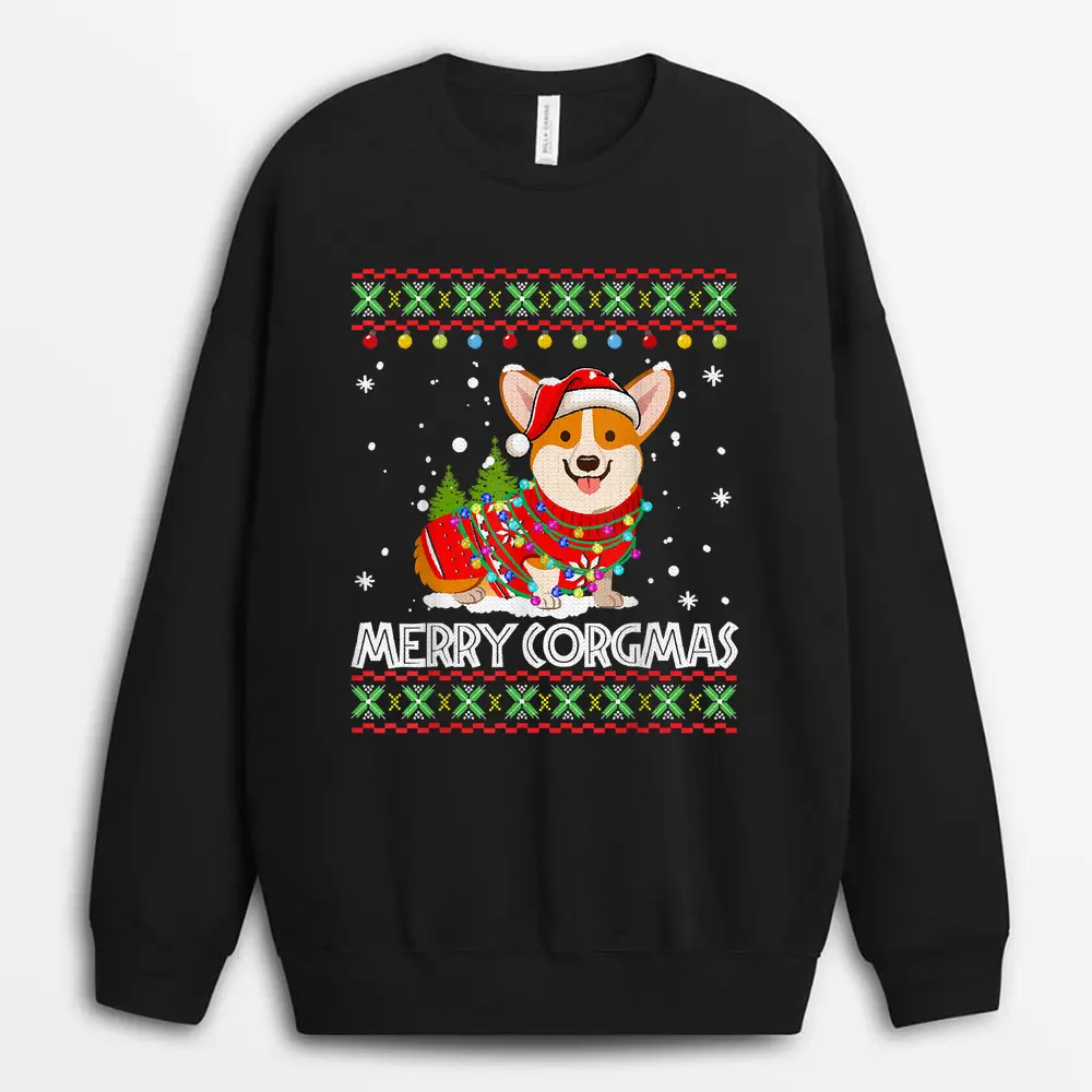 Corgi Dog Merry Corgmas Santa Corgi  Christmas Sweatshirt - Black