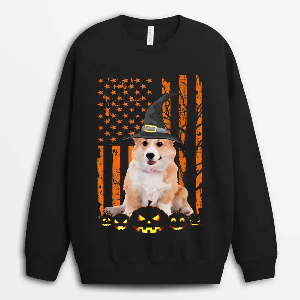 Corgi Dog Pumpkin American Flag Vintage Halloween Witch Sweatshirt - Black