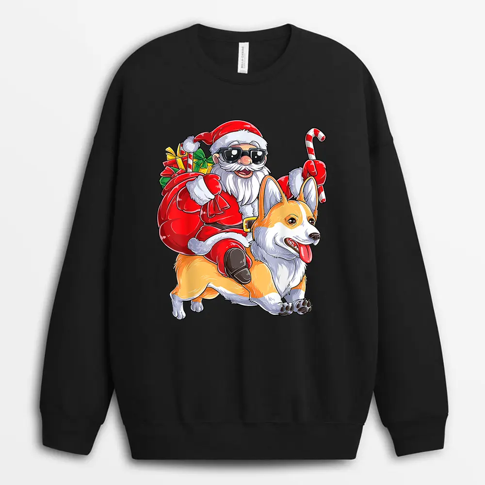 Cute Christmas Santa Claus Riding Corgi Xmas Boy Corgmas Dog Sweatshirt - Black