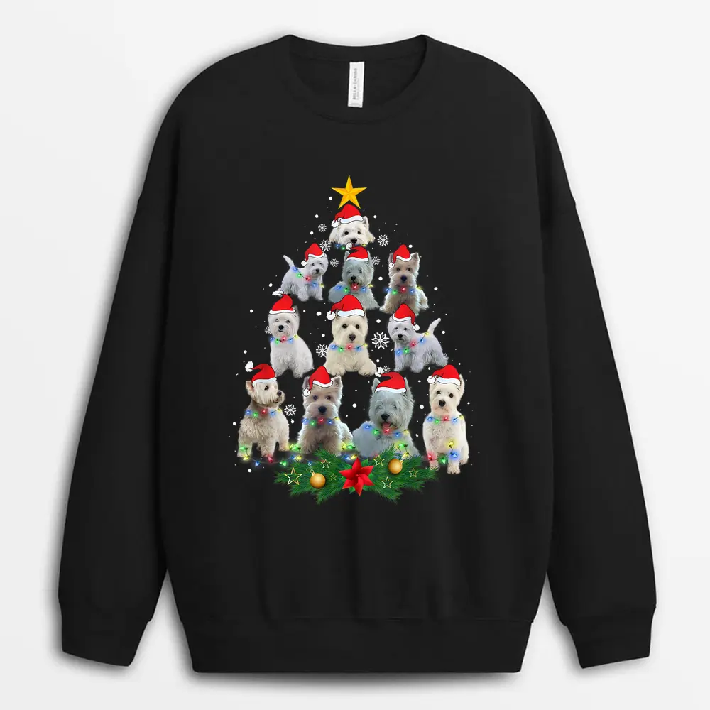 Cute Maltese Dog Christmas Tree Lights Santa Hat Gifts Decor Sweatshirt - Black