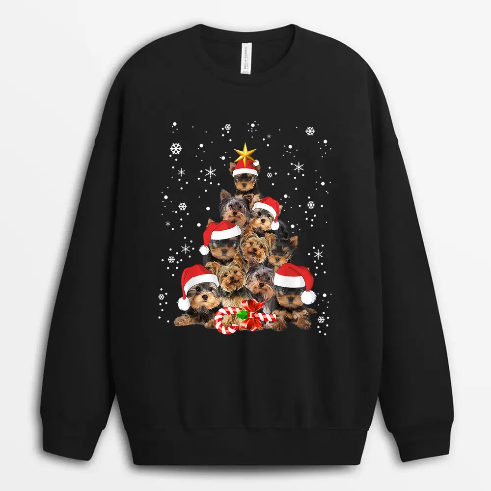 Cute Yorkie Dogs Tree Christmas Pet Animal Dog Love Sweatshirt - Black